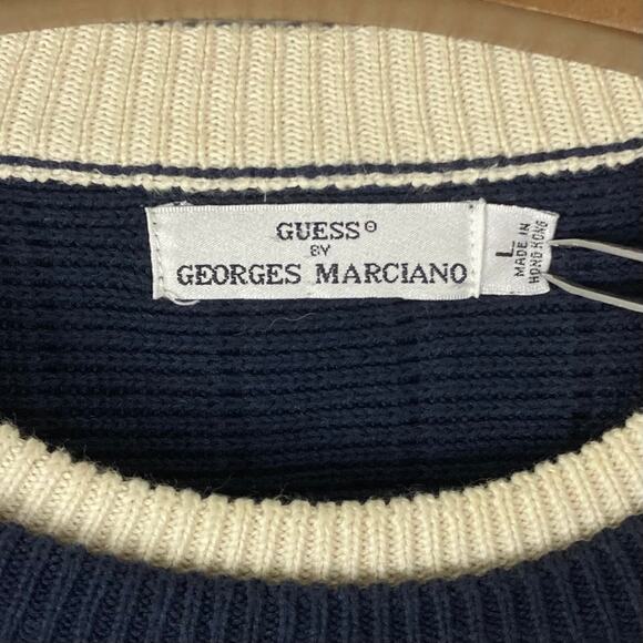NWOT Vintage GEORGES MARCIANO GUESS Sweater L Navy White Ribbed Logo-Spellout - Picture 3 of 9